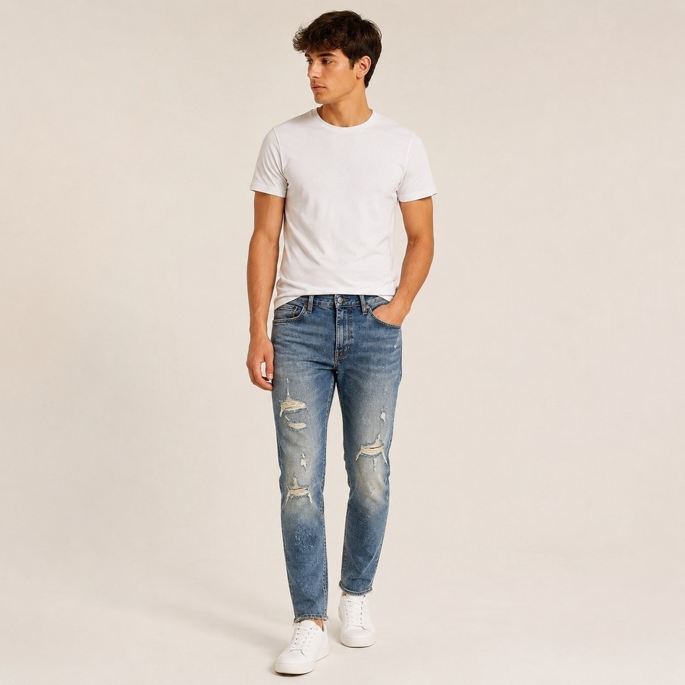 American Eagle Men Jean 28x32 Slim Distressed Raw Hem Blue Extreme Flex Stretch